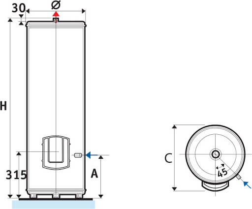 Схема с размери Електрически бойлер Atlantic O´Pro за подов монтаж